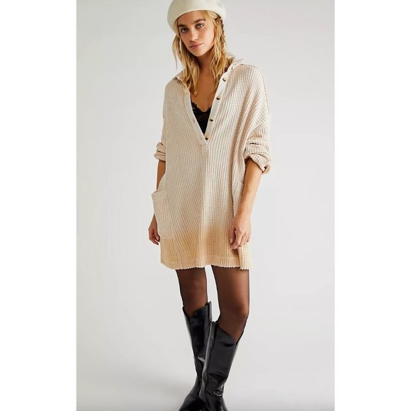 Free People Polo Wilder Shirt Dress in Salt Waffle Size Medium